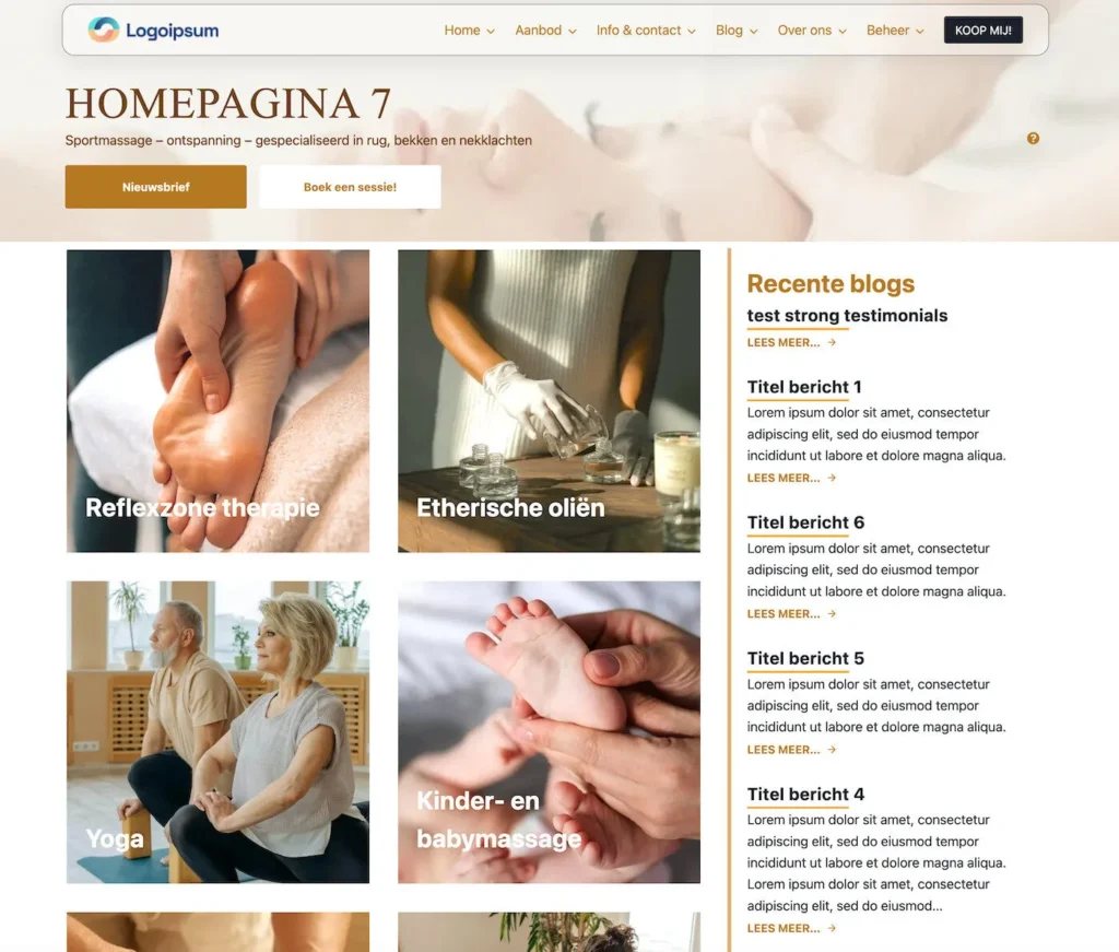 Toont hoe de webpagina eruit ziet voor de bezoeker. Eeen website maken voor dummies is toegepast bij deze therapeuten website. Voor therapeut, leraar en eigen praktijk. Website Nederlof Centrum,  gebaseerd op templates en dynamische velden.